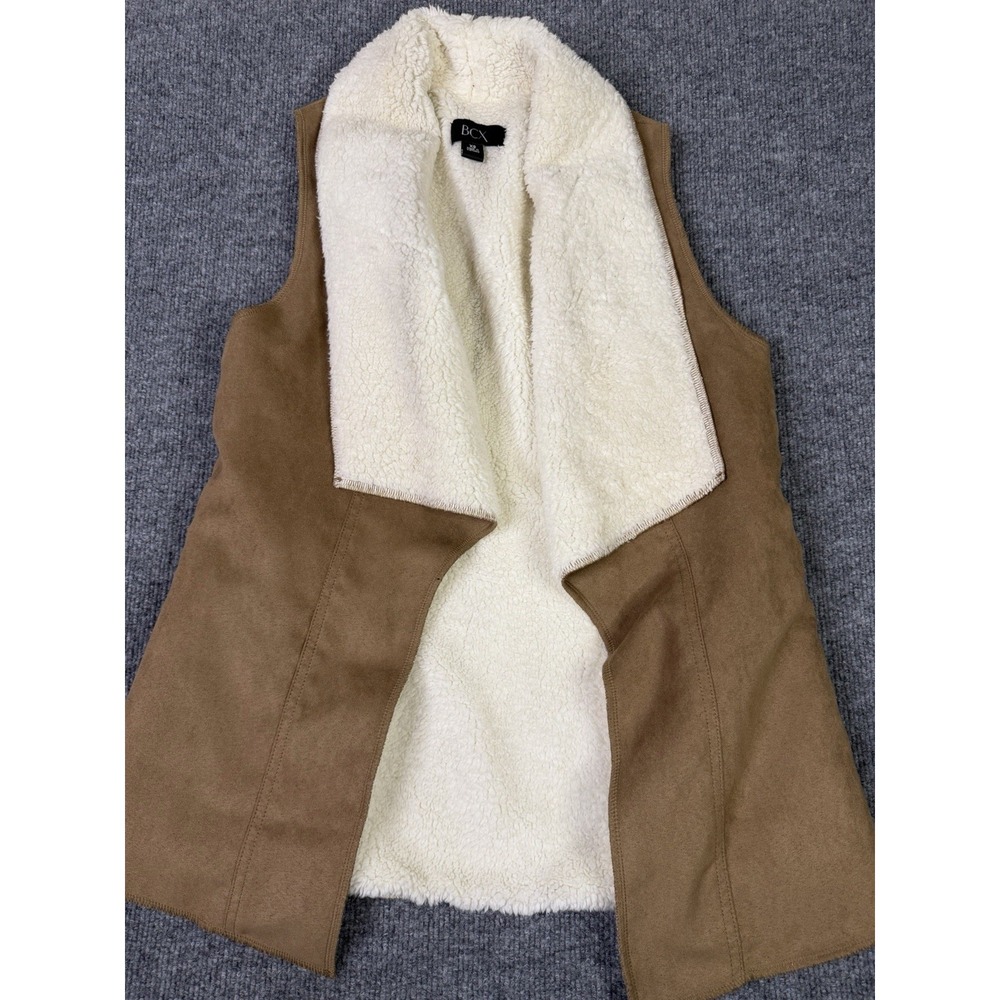 BCX Faux Suede Sherpa Lined‎ Vest Tan Brown Open Front Women's Size XS